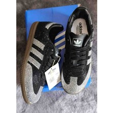 Evlium Adidas Samba Tasarım Kadın Siyah Taşlı Sneaker Ayakkabı - Özel Kristal Işlemeli Lüks Tasarım