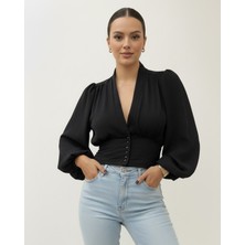 Moda Morfo Düğmeli Arkası Lastikli Balon Kol Sandy Crop -Siyah