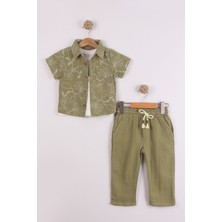 Joy Kids Erkek Çocuk Kabartma Baskılı Müslin Takım (Yağ Yeşili) (1-4yaş)
