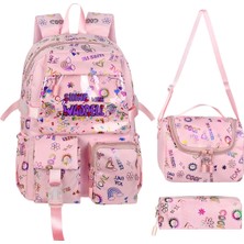 Waddell Kawaii Kore Tarzı Twil Kumaş Desenli Sırt Çantası,beslenme Çantası ve Kalemlikli Üçlü Set