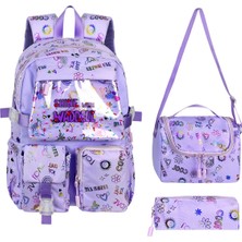 Waddell Kawaii Kore Tarzı Twil Kumaş Desenli Sırt Çantası,beslenme Çantası ve Kalemlikli Üçlü Set