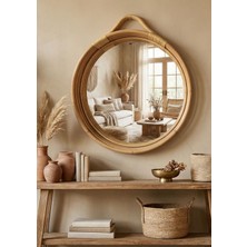 Lessio Home Yuvarlak Rattan Bambu Duvar Aynası 80X80 cm – El Yapımı Bohem Dekoratif Ayna Samarinda