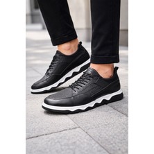 Zueofficial Erkek Hakiki Deri Siyah Sneaker Ayakkabı