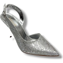 Mengi 685-26 Parlak Simli Saten Ince Topuk Arkası Açık Kadın Stiletto(9cm)