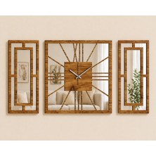 Ergeç Tasarım Aynalı 3’lü Dekoratif Duvar Saati 40X40 Saat + 40X20 cm Paneller Atlantik Çam Pleksi Mdf