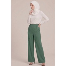 Norshen Haki Kadın Belden Lastikli & Bağcıklı - Bol Paça Pantolon