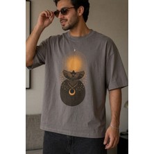 Zueofficial Erkek Oversize Gri Bisiklet Yaka Baskılı %100 Pamuk Rahat Kesim Streetwear Günlük T-Shirt