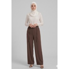 Norshen Kahverengi Kadın Belden Lastikli & Bağcıklı - Bol Paça Pantolon