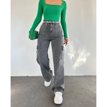 Moda Morfo Kargo Cepli Bol Paça Kot Pantolon  -Füme