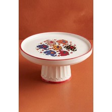 Evcime El Yapımı Ayaklı Seramik Sunum Tabağı & Pasta Standı-Kırmızı Renkli Fil Desenli-20 Cm-Kırmızı Beyaz