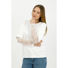 Hdm Kadın Ekru Kolu Dantelli Oversize Bisiklet Yaka Tişört - H6060