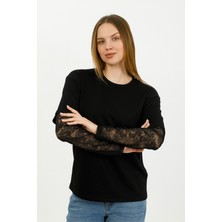 Hdm Kadın Siyah Kolu Dantelli Oversize Bisiklet Yaka Tişört - H6060