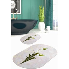 PremiumPort Yıkanabilir Çiçek Desenli Oval Banyo Paspası, Kaymaz Taban, 2'li Set