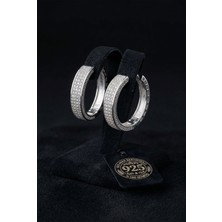 Roza Silver 925 Ayar Gümüş Rodyum Renk Zirkon Taşlı Yarım Tur Üç Sıra Huggie Halka Küpe - Büyük
