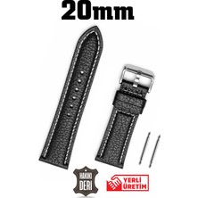 Saatse 20MM Siyah Beyaz Dikişli Floter Hakiki Deri Saat Kordonu Kayış