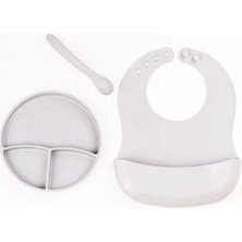 Gri 3’lü Silikon Yemek Seti – Önlük + Diş Kaşıyıcılı Kaşık + Vakumlu Tabak