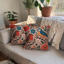 Kuş ve Çiçek Desenli Dekoratif Kırlent Kılıfı 2’li Set (45X45 Cm) – Vintage & Bohem Koltuk Yastığı
