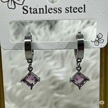 Famemus Accessory Pembe Kare Kristal Sallantılı Çelik Halka Küpe
