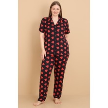 Wordex Mirano 2854 Kalpli Milan Kumaş Kısa Kollu Düğmeli Büyük Beden Kadın Pijama Takımı
