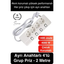Svein Özel Üretim 4'lü Ayrı Anahtarlı 2 Metre Akım Korumalı Grup Priz 1400 Joule 4000W Çoklu Uzatma Kablo