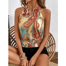 Kadın Kolsuz Boyundan Hakla Detaylı Leopar Süprem Bluz