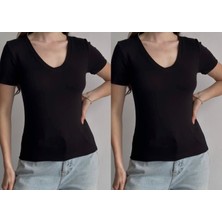 Betnur Kadın V Yaka Rahat Esnek Modal Kumaş Bluz Bady