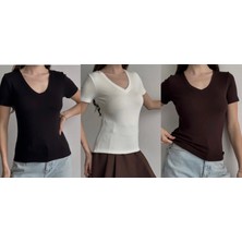 Betnur Kadın V Yaka Rahat Esnek Modal Kumaş Bluz Bady