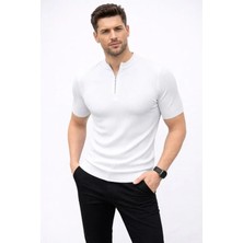 Erkek Kısa Kol Fitilli Triko T-Shirt Yazlık Hakim Yaka Tişört - Beyaz