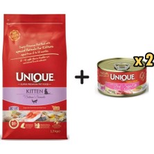 Unique Somonlu Düşük Tahıllı Yavru Kedi Maması 1,5 kg + 2 Adet Unique Gold Series Sığır Etli Konserve Yaş Kedi Maması 85 gr