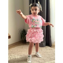 Cg Kids Kelebek Baskılı Pembe Kelebek Işlemeli Etekli Kız Çocuk Alt Üst Takım Süper Kalite