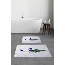 PremiumPort Yıkanabilir Çiçek Desenli Kaymaz Banyo Paspası, 2'li Klozet Seti