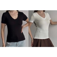 Betnur Kadın V Yaka Rahat Esnek Modal Kumaş Bluz Bady