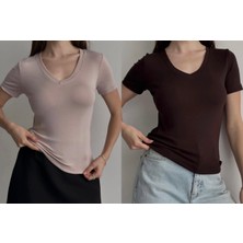 Betnur Kadın V Yaka Rahat Esnek Modal Kumaş Bluz Bady