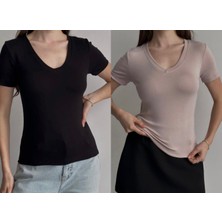 Betnur Kadın V Yaka Rahat Esnek Modal Kumaş Bluz Bady