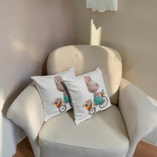 Özdağ Home Concept Sevimli Tavşan Bisiklet Desenli Çocuk Kırlent Kılıfı 2’li Set – Pastel Bebek Odası Dekoru (45X45 Cm)