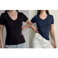 Betnur Kadın V Yaka Rahat Esnek Modal Kumaş Bluz Bady