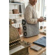 Linas Collection El Örgüsü Granny Square Tote Çanta - Gri & Antrasit