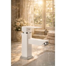 Elmina Armatür Beyaz Lavabo Bataryası Mat Modern Kare Tasarım Banyo Musluğu Sıcak Soğuk Ayarlı Çift Su Girişli