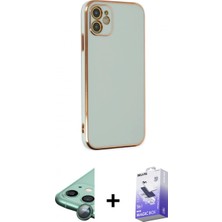 Marsilyan™- iPhone 12 Kılıf Yankı Serisi - Siyah Bilvis 5in1 5d Magic Hayalet Cam Ekran Koruyucu + Yeşil Raze Metal Kamera Lens