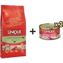 Unique Kuzulu Sensitive Düşük Tahıllı Yetişkin Kedi Maması 2 kg + 2 Adet Unique Gold Series Sığır Etli Konserve Yaş Kedi Maması 85 gr
