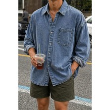 Tarz Cool Erkek Oversize Denim Gömlek – Yıkamalı Kot Gömlek Tek Cep Rahat Kalıp