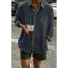 Tarz Cool Erkek Oversize Denim Gömlek – Yıkamalı Kot Gömlek Tek Cep Rahat Kalıp