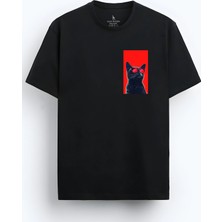 Alex Rosen Unisex Oversize Bisiklet Yaka Kedi Baskılı Kısa Kollu Siyah Tişört