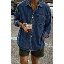 Tarz Cool Erkek Oversize Denim Gömlek – Yıkamalı Kot Gömlek Tek Cep Rahat Kalıp