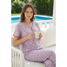 Remsa Kadın Çiçek Desenli Pamuklu Kısa Kol Pointelle Kumaş Pijama Takımı 3194 Lila