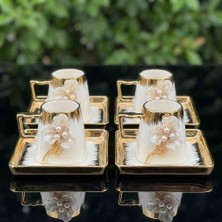 ZS Style Özel El Yapımı 6 Lı Porselen Inci Taşlı Çiçek Broşlu Gold Kahve Fincanı Takımı