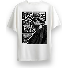 Alex Rosen Unisex Oversize Bisiklet Yaka Baskılı Kısa Kollu Beyaz Tişört