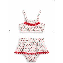 Vovido Kız Çocuk Kiraz Desenli Etekli Bikini Takımı - Ponpon Detaylı Bikini - 26227