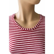 Dukoft Kadın Bordo Beyaz Çizgili U Yaka %100 Pamuklu Slim Fit Tişört