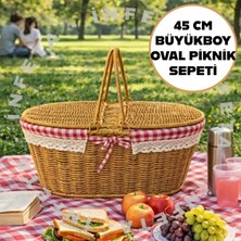 İnfeta 45CM Büyükboy Oval Piknik Sepeti-Plastik Doğal Hasır Görünümlü Picnic Sepet